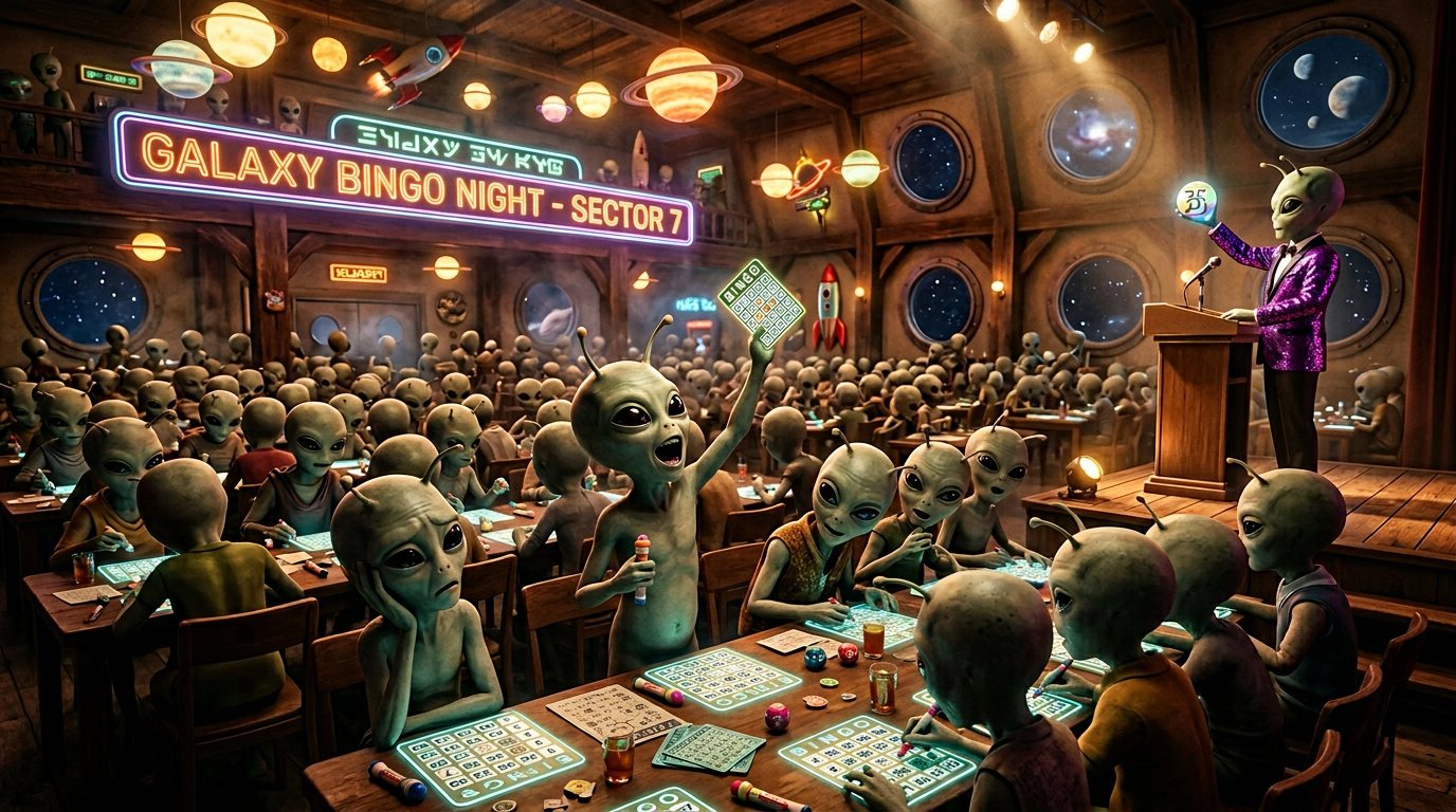 Aliens playing bingo in a space-station hall while a caller in a sequined jacket draws the next ball