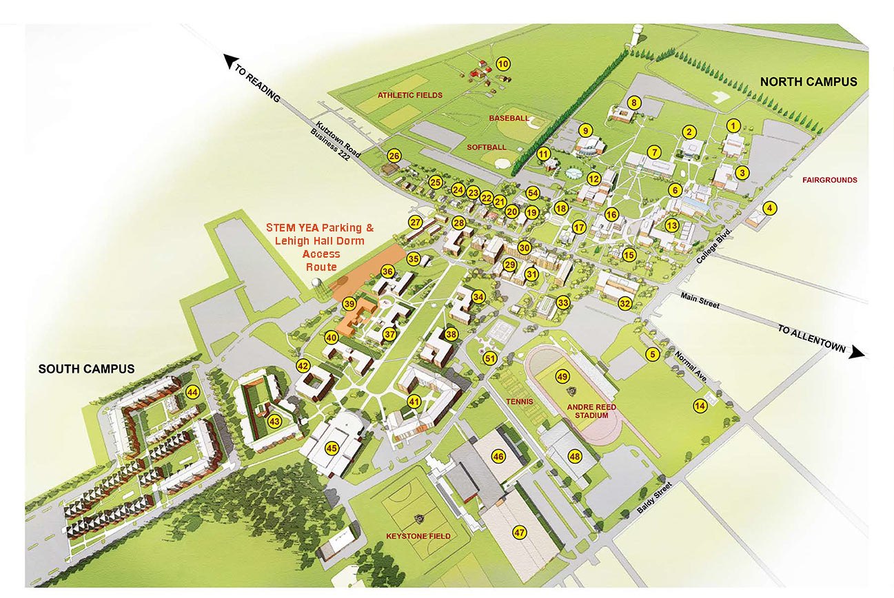 Kutztown University campus map, annotated with the six locations STEM YEA families need
