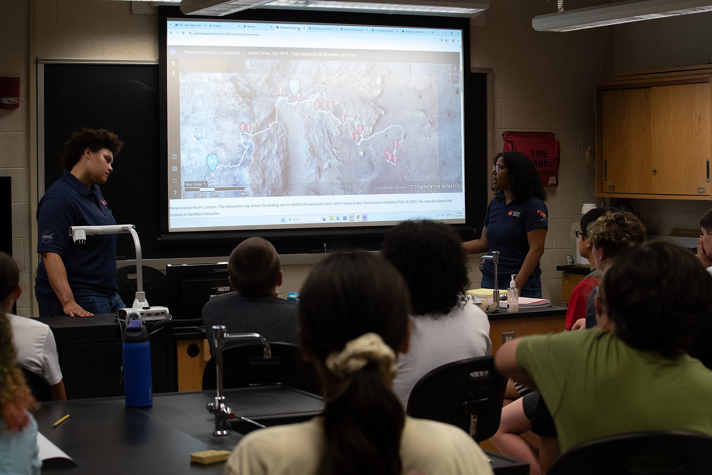 Students hear from Maria Clark and Liz Delarosa, KU Jet Propulsion Lab interns who worked with the Jet Propulsion Laboratory to chart the path of the Mars Rover, and were invited into the thought process—what would they do?